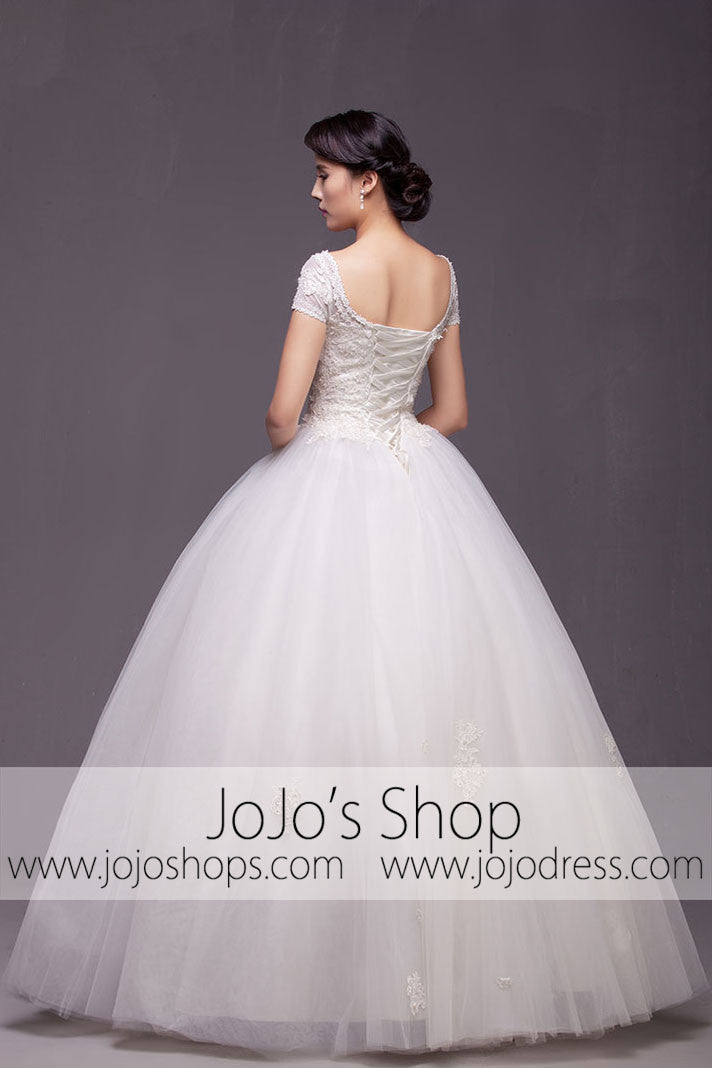short princess wedding dresses Lace tulle strapless short sleeve ivory princess ball gown lace A-Line Bela Bridal