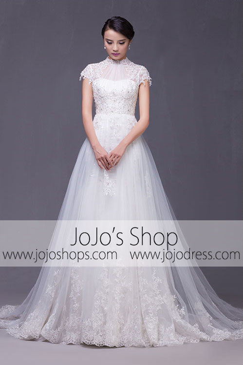 Modest Keyhole A-line Cap Sleeves Lace Overlay Dress | G2004