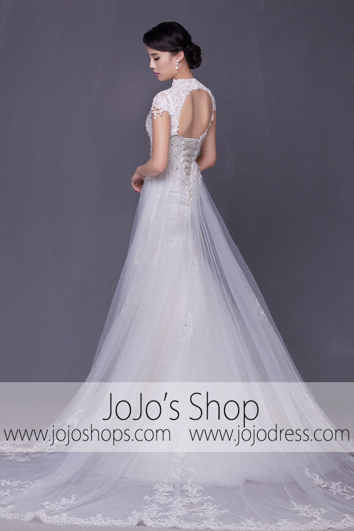 Modest Keyhole A-line Cap Sleeves Lace Overlay Dress | G2004