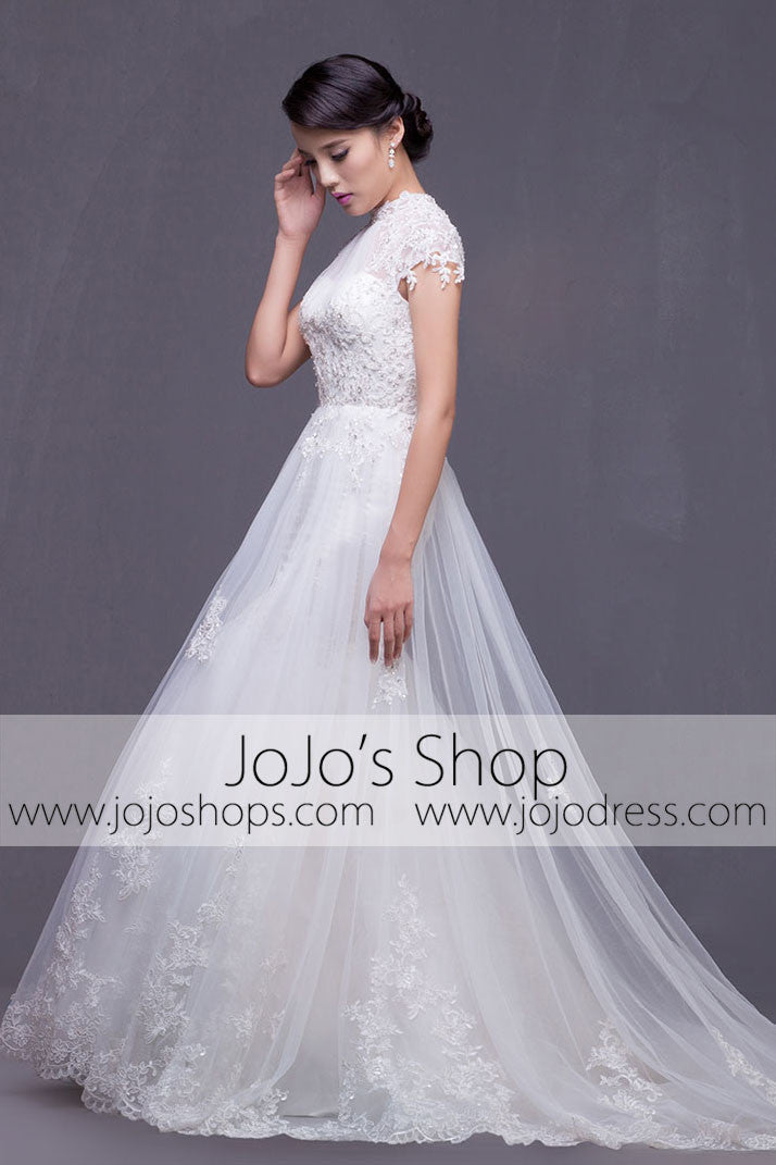 Modest Keyhole A-line Cap Sleeves Lace Overlay Dress | G2004