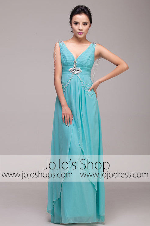 Grecian Goddess Blue V Neck Formal Prom Dress | G2011