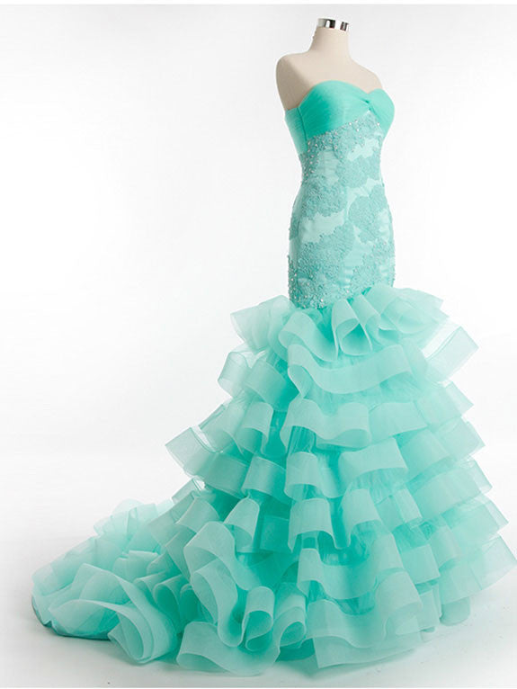 Turquoise Strapless Fit and Flare Evening Dress with Ruffles G2020