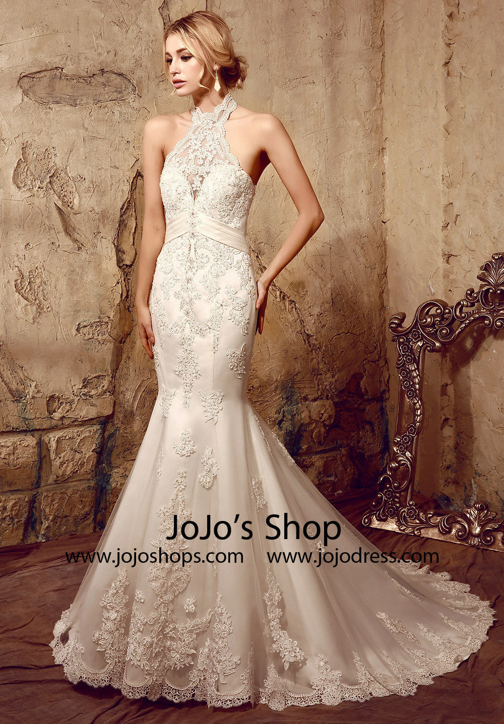 Halter Chantilly Lace Mermaid Dress Size 12 / Ivory Halter Chantilly Lace Mermaid Dress Size 12 / Ivory