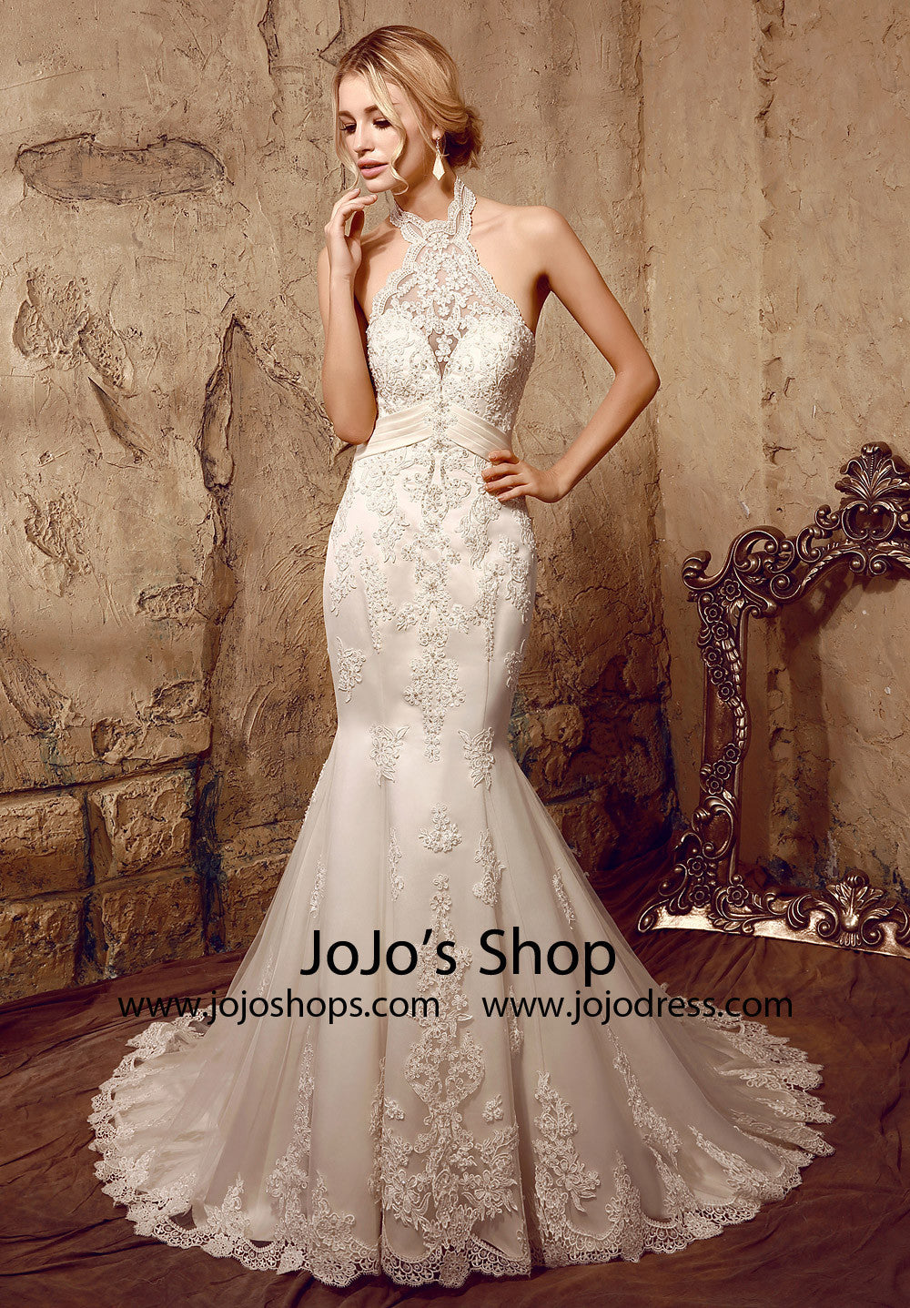 Halter Chantilly Lace Mermaid Dress | HL1002