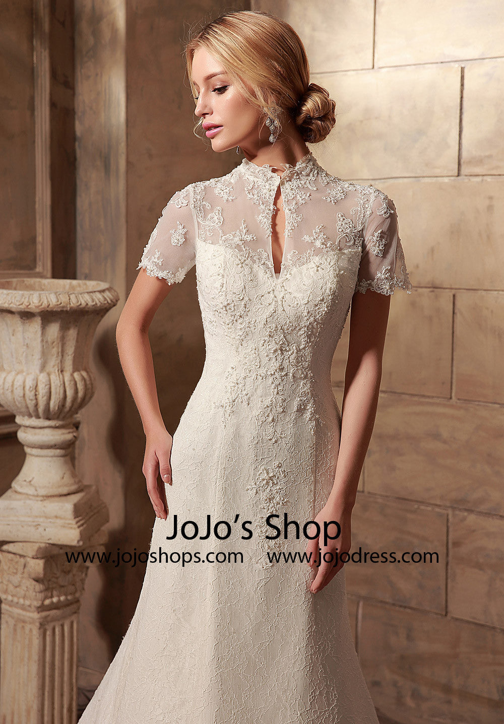 high neck short sleeve wedding dress Chiffon A-line V-neck Sleeves Dresses SW577 Yes Build Cap Sleeve Lace Wedding Gown