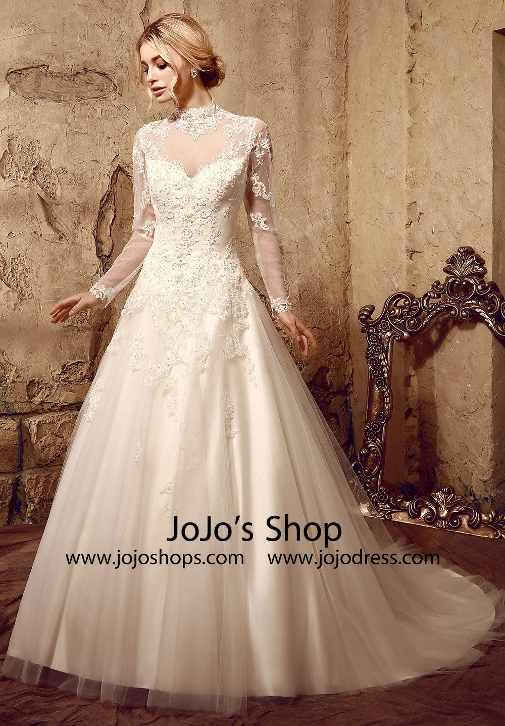 Modest Lace Ball Gown Dress with Long Sleeves | HL1010