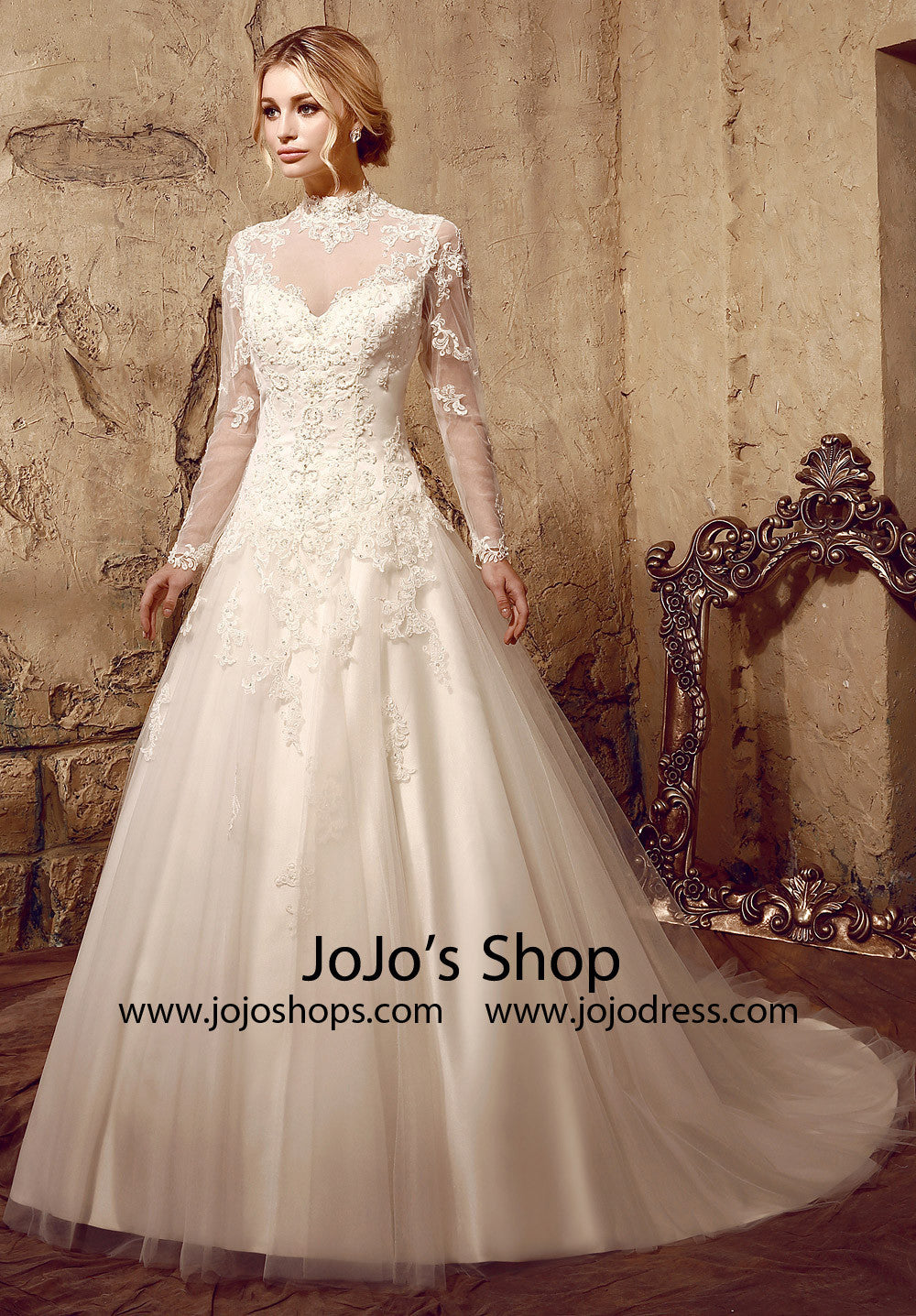 Modest Lace Ball Gown Dress with Long Sleeves | HL1010