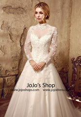 Modest Lace Ball Gown Dress with Long Sleeves | HL1010