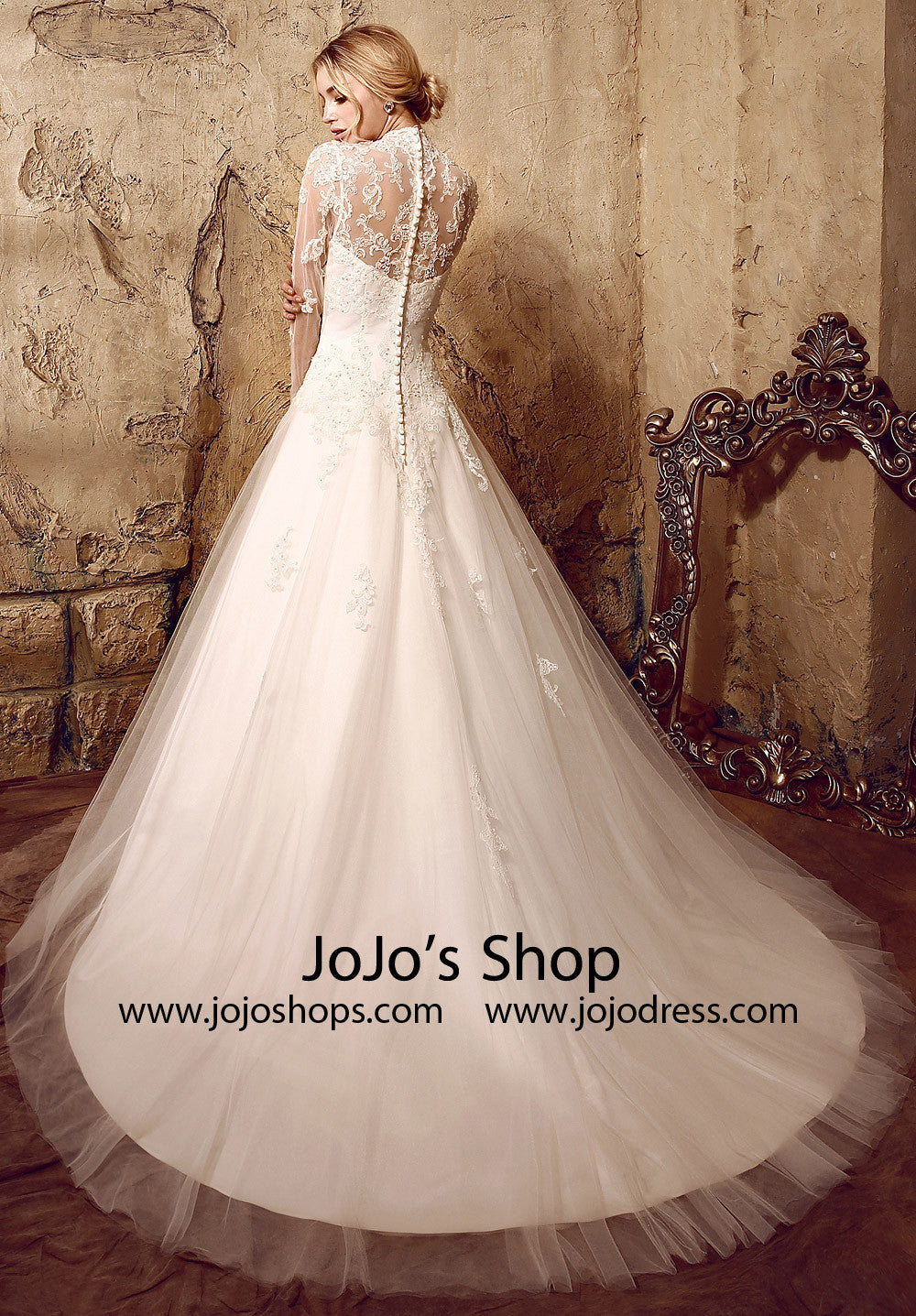 Modest Lace Ball Gown Dress with Long Sleeves | HL1010