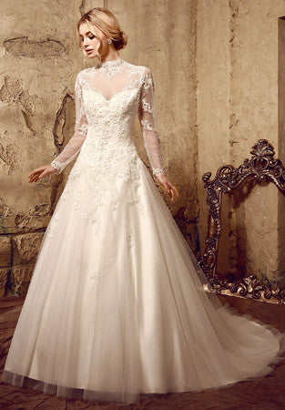 Modest Lace Ball Gown Dress with Long Sleeves | HL1010