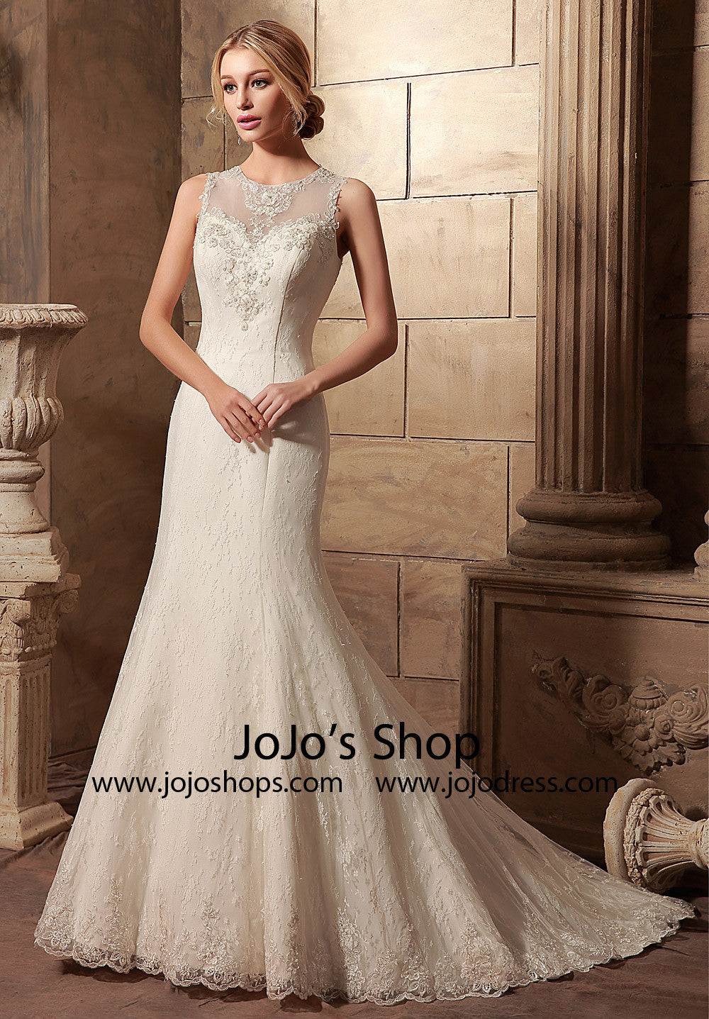 Vintage Style Lace Mermaid Dress with Illusion Neckline | HL1017