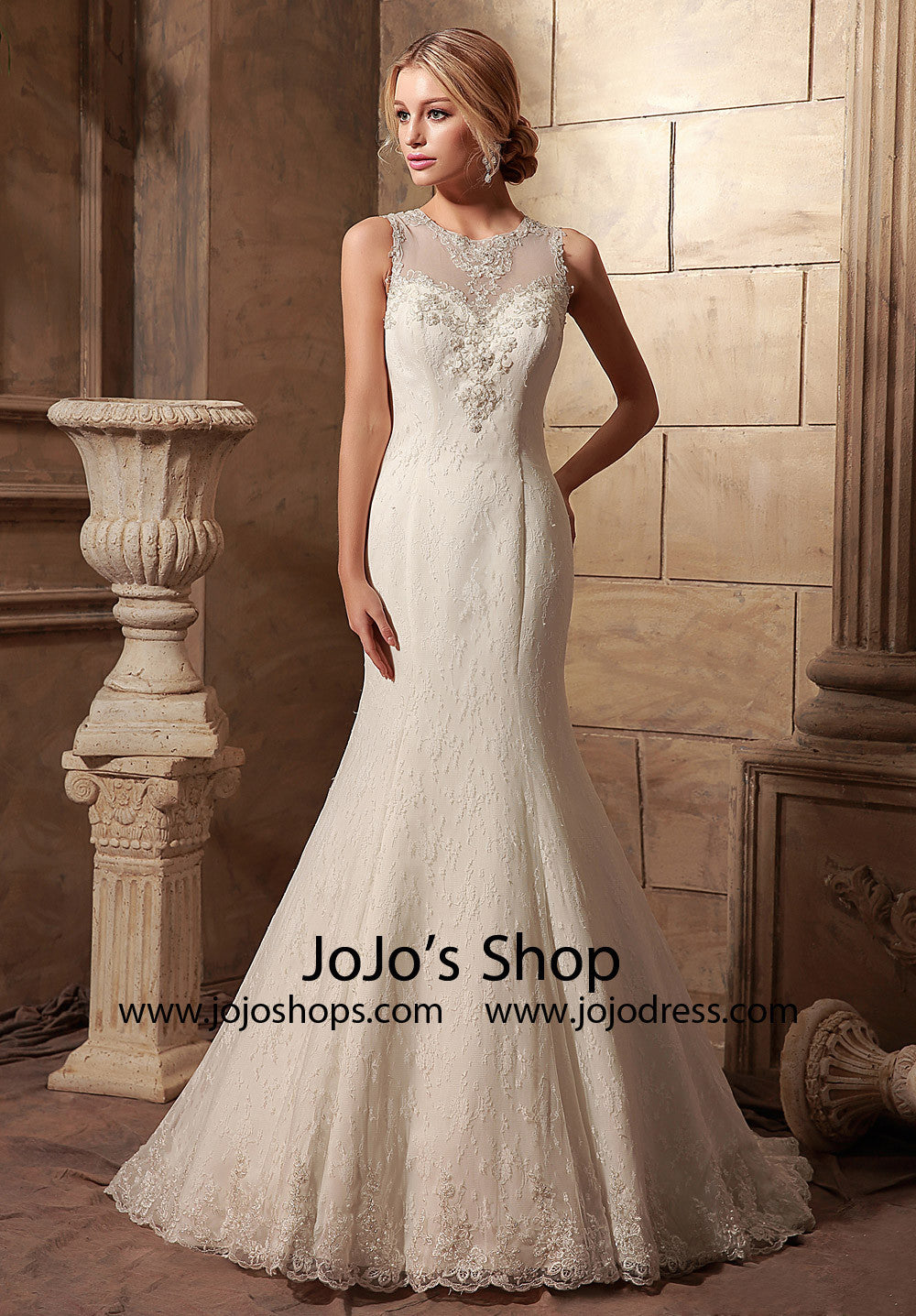 Vintage Style Lace Mermaid Dress with Illusion Neckline | HL1017