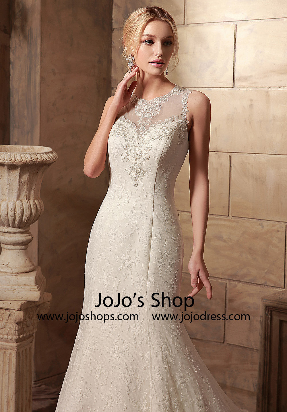 Vintage Style Lace Mermaid Dress with Illusion Neckline | HL1017