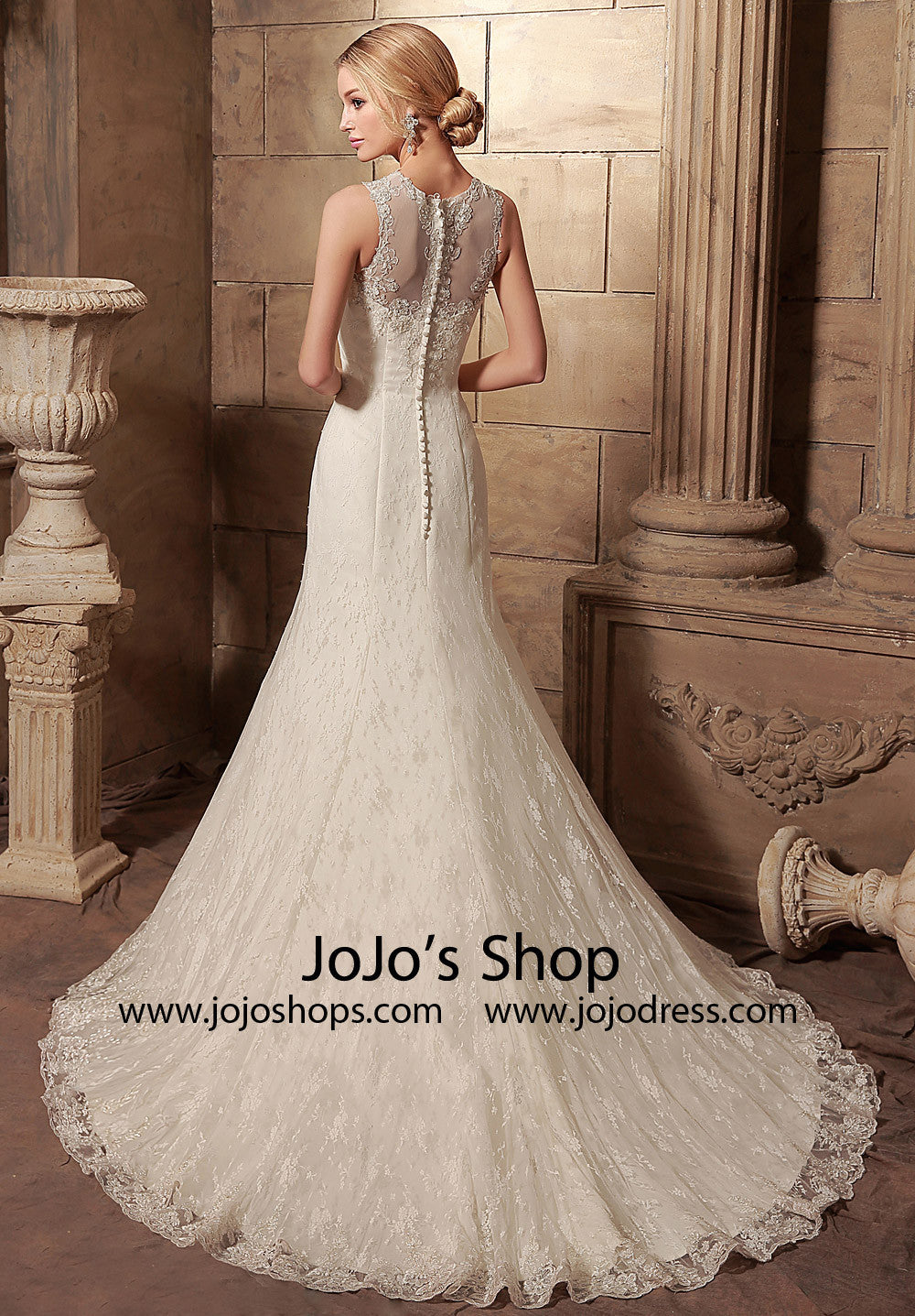 Vintage Style Lace Mermaid Dress with Illusion Neckline | HL1017