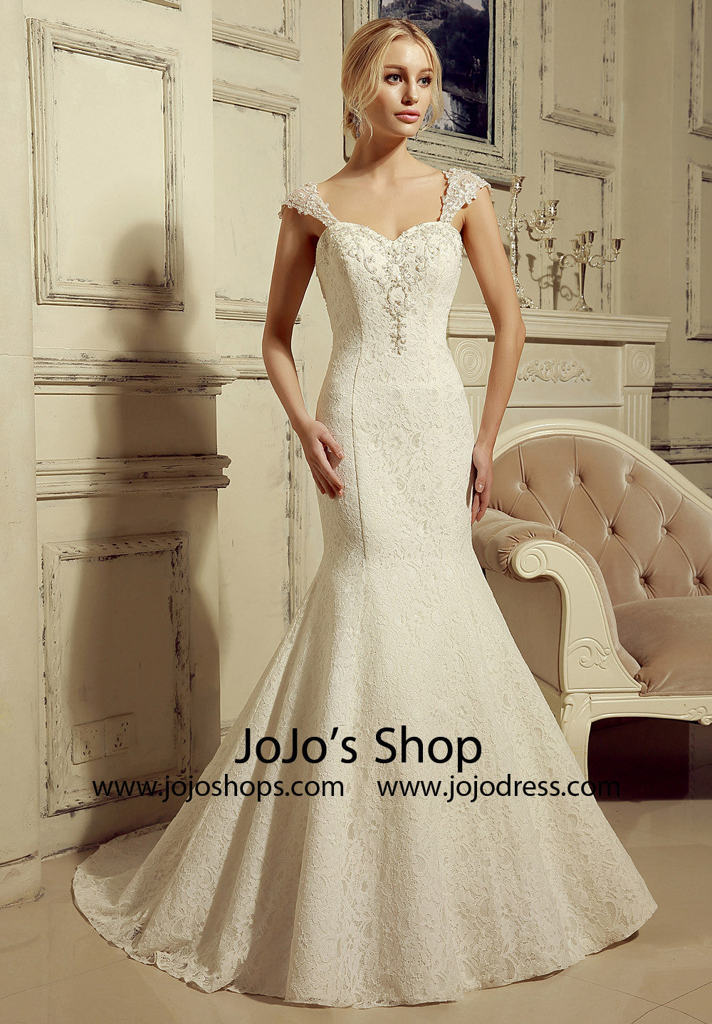 Vintage Inspired Lace Mermaid Dress with Cap Sleeves | HL1020 Size 8 / Ivory Vintage Inspired Lace Mermaid Dress with Cap Sleeves | HL1020 Size 8 / Ivory