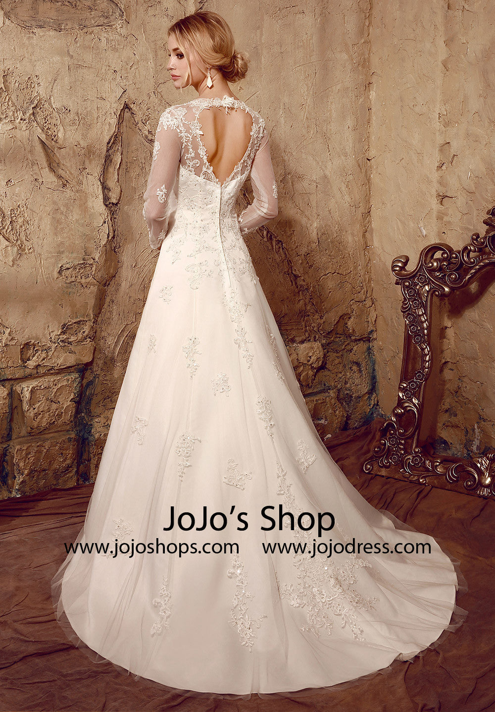 Vintage Style Lace Long Sleeves Dress with Keyhole Back | HL1022 Size 20W / Ivory Vintage Style Lace Long Sleeves Dress with Keyhole Back | HL1022 Size 20W / Ivory