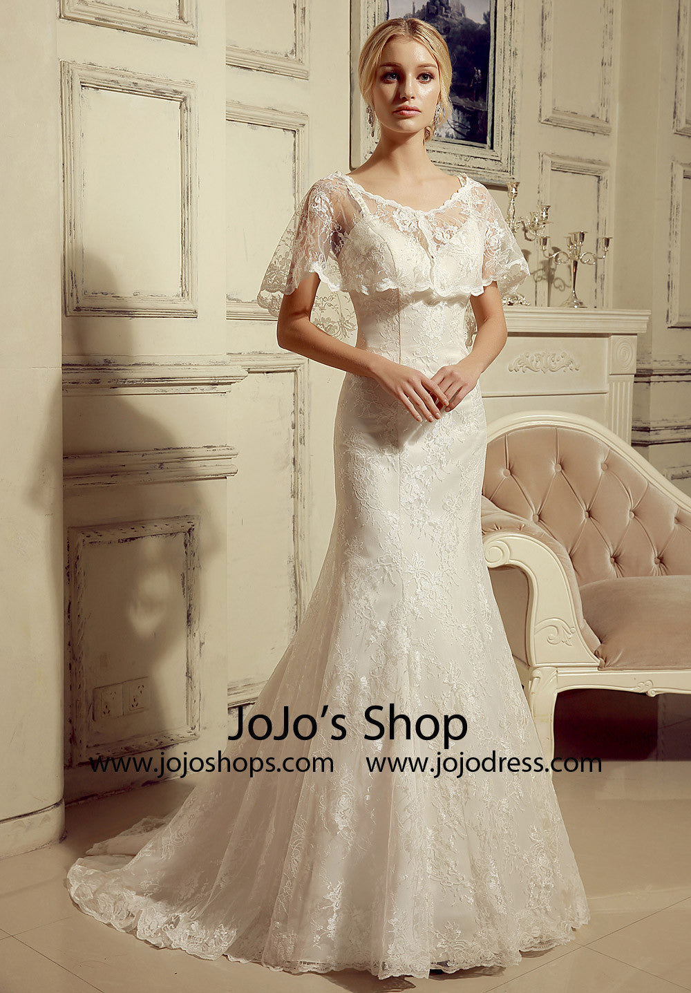 2 Piece Lace Mermaid Dress with Lace Cape HL1024 Size 14 / White 2 Piece Lace Mermaid Dress with Lace Cape HL1024 Size 14 / White