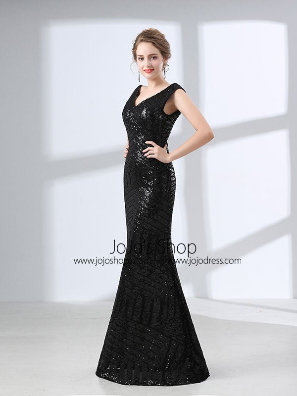 Elegant Black Sequined Long Formal Evening Dress 