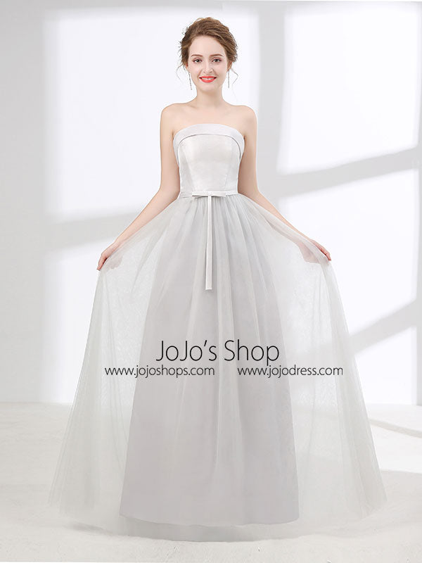 Strapless Dove Gray Tulle Floor Length Evening Dress