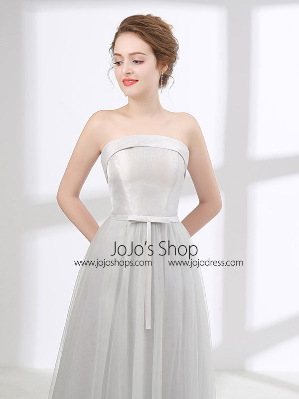 Strapless Dove Gray Tulle Floor Length Evening Dress