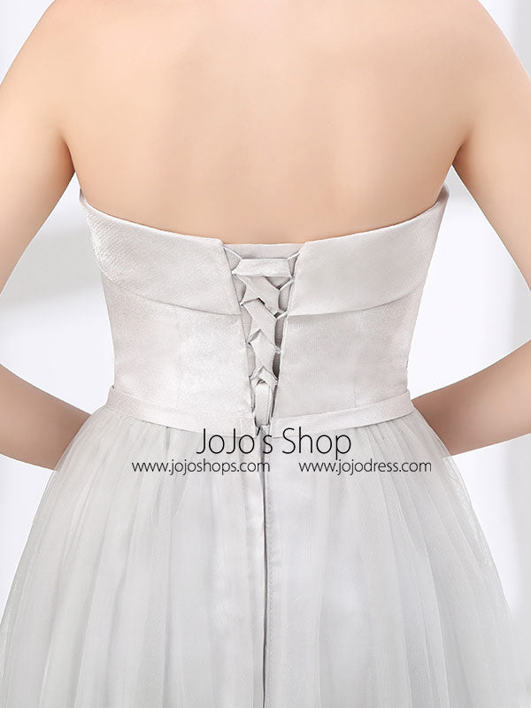 Strapless Dove Gray Tulle Floor Length Evening Dress with corset lace up