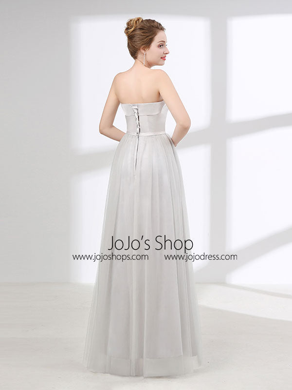 Strapless Dove Gray Tulle Floor Length Evening Dress