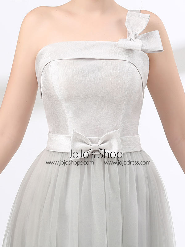 One Shoulder Soft Gray Floor Length Prom Evening Dress 