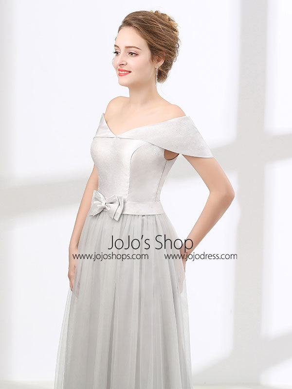 Off Shoulder Gray Formal Floor Length Evening Dress