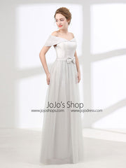 Off Shoulder Gray Formal Floor Length Evening Dress