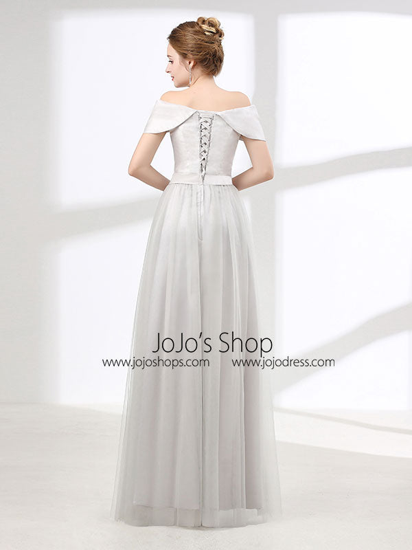 Off Shoulder Gray Formal Floor Length Evening Dress