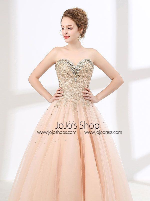 Blush Peach Strapless Ball Gown Formal Prom Pagaent Evening Dress