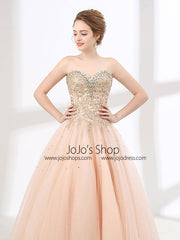 Blush Peach Strapless Ball Gown Formal Prom Pagaent Evening Dress