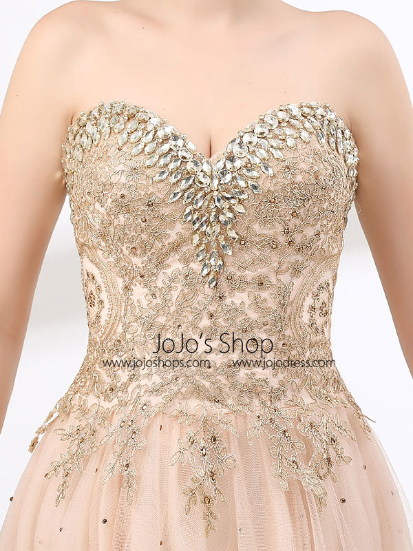 Blush Peach Strapless Ball Gown Formal Prom Pagaent Evening Dress