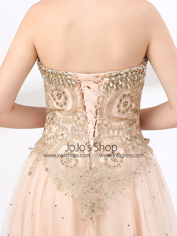 Blush Peach Strapless Ball Gown Formal Prom Pagaent Evening Dress