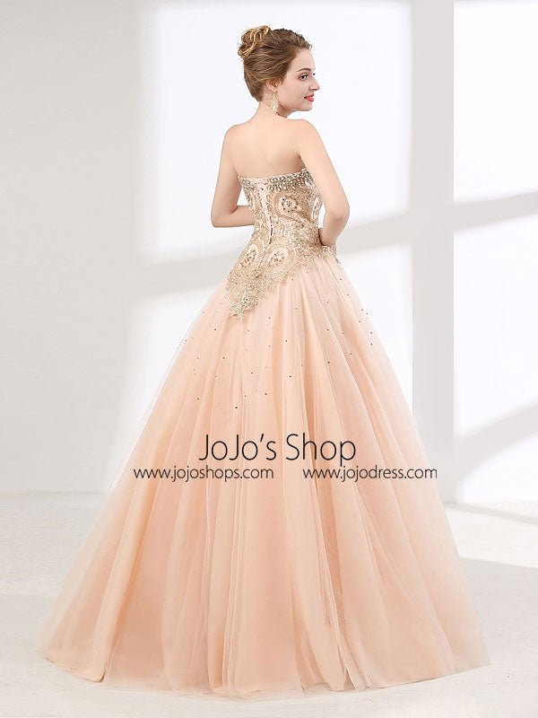 Blush Peach Strapless Ball Gown Formal Prom Pagaent Evening Dress