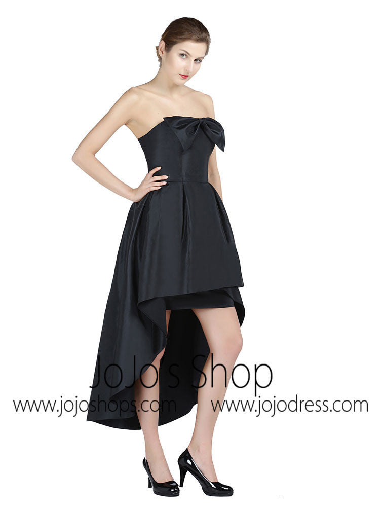 Strapless Black Hi-Low Formal Prom Dress with Bow