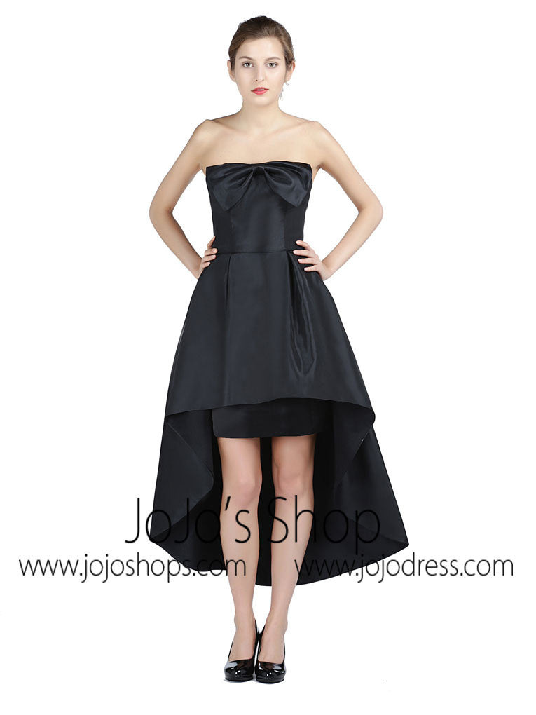 Strapless Black Hi-Low Formal Prom Dress with Bow