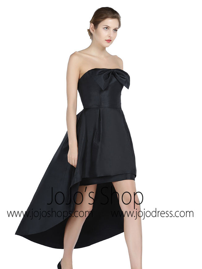 Strapless Black Hi-Low Formal Prom Dress with Bow