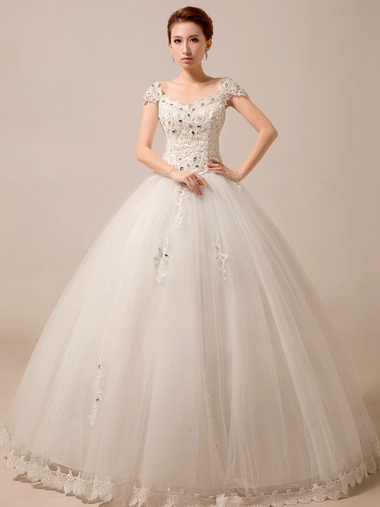 Cap Sleeves Princess Ball Gown Wedding Dress Debutante Dress Size 8 / White