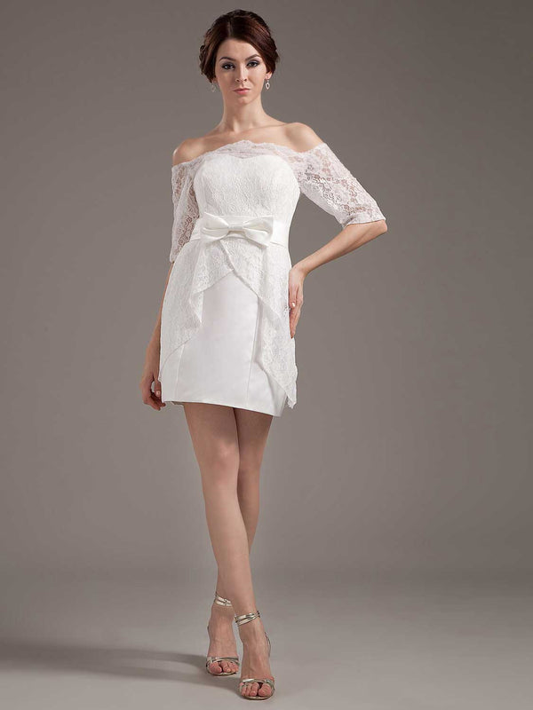 Short Lace Reception Dress with Off Shoulder Sleeves