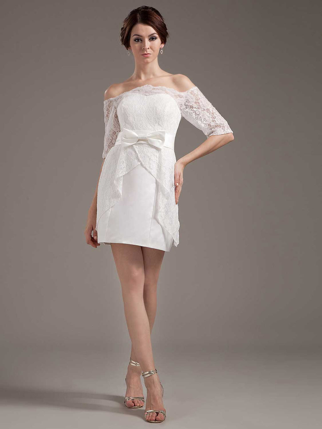 off shoulder reception dress Short Lace Reception Dress with Off Shoulder Sleeves Size 4 / Ivory