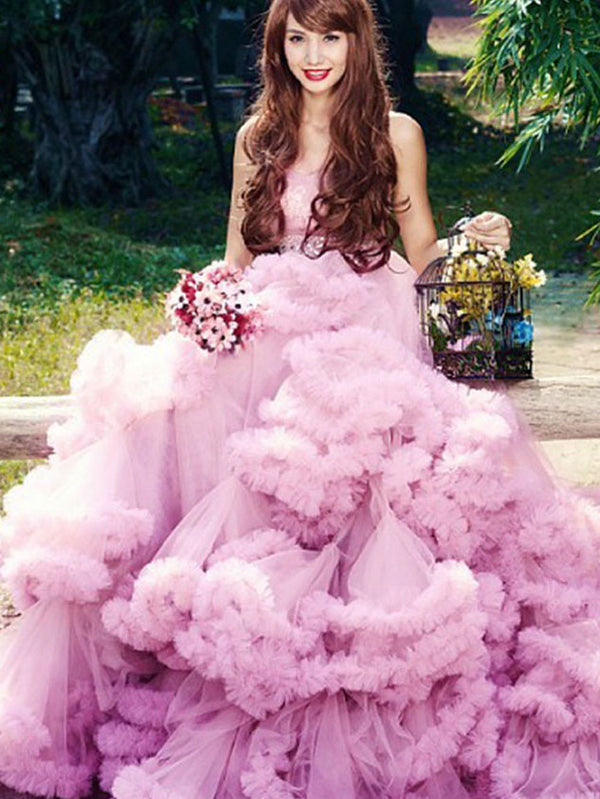 Strapless Tulle Ruffles Prom Ball Gown Formal Dress
