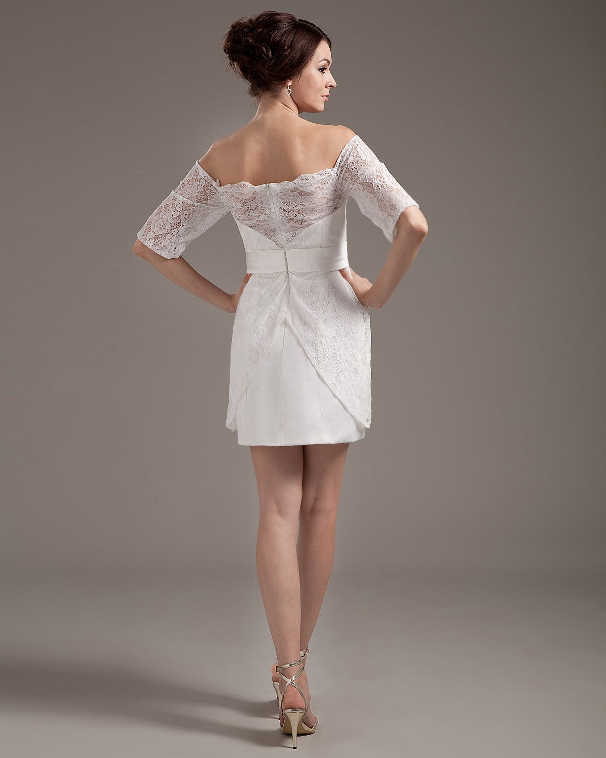 Short Lace Reception Dress with Off Shoulder Sleeves