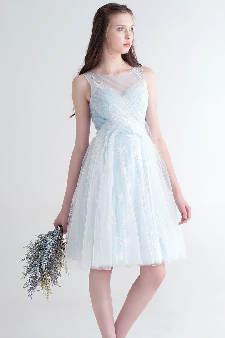 Ice Blue Short Tulle Bridesmaid Dress