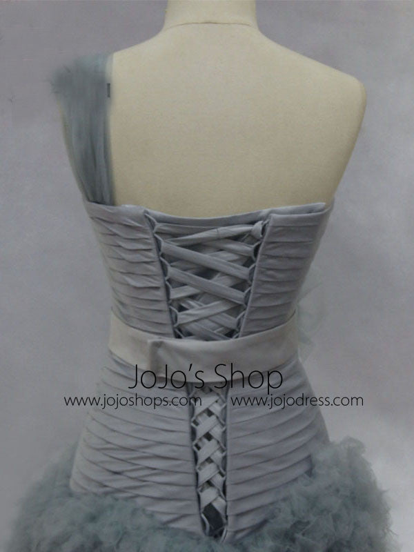 Elegant Gray One Shoulder Ruffles Long Prom Formal Evening Dress