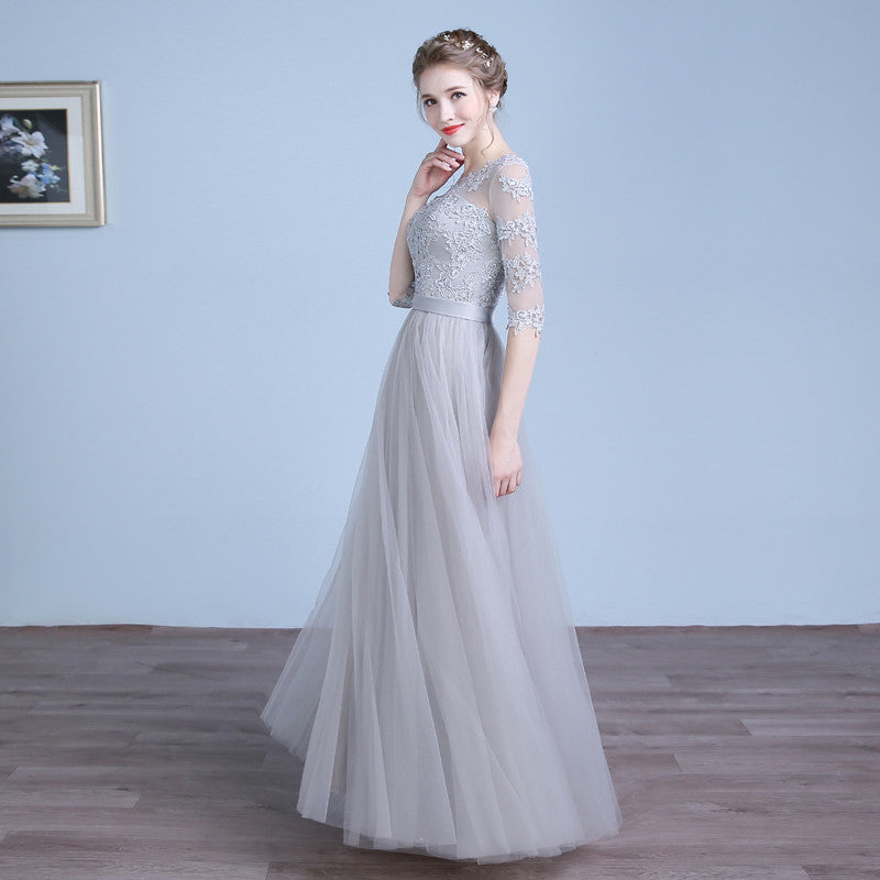 Gray Floor Length Lace Formal Home Coming Prom Dress