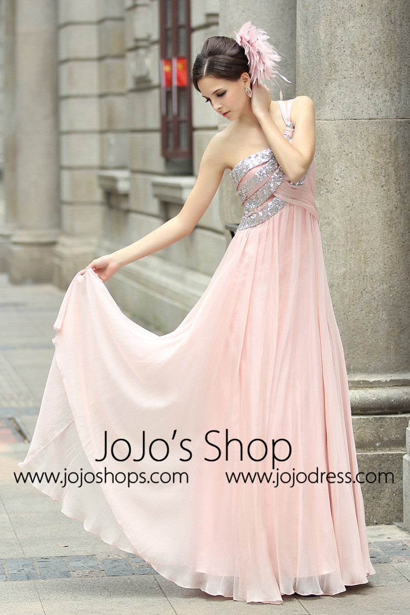 women's light pink off the shoulder goddess dress Pink Grecian Goddess One Shoulder Prom Formal Evening Dress Medium / Pink