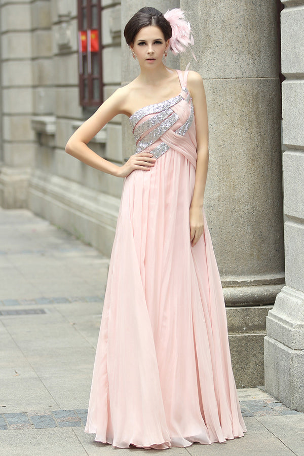 Pink Grecian Goddess One Shoulder Prom Formal Evening Dress