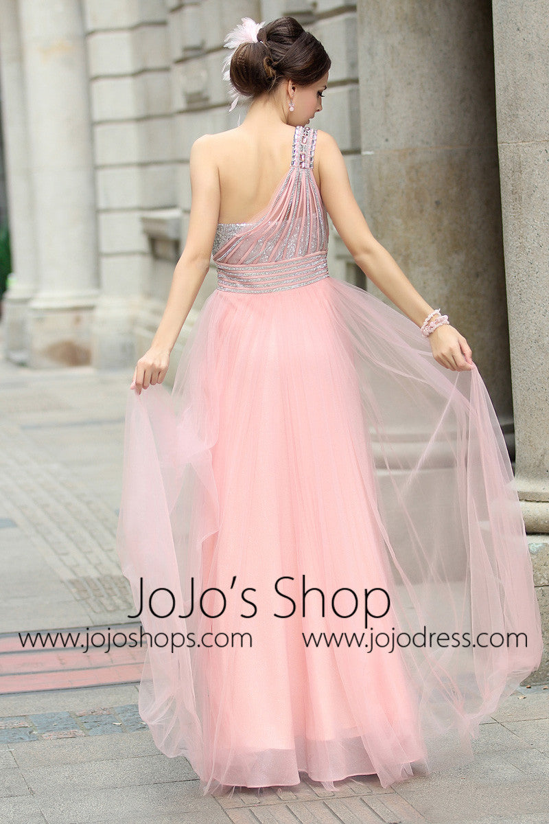 Pink Grecian Formal Prom Beauty Pageant Dress in Sparkly Tulle