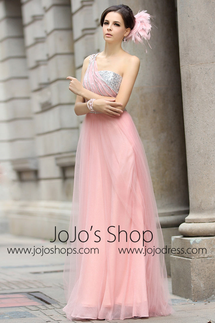 Pink Grecian Formal Prom Beauty Pageant Dress in Sparkly Tulle